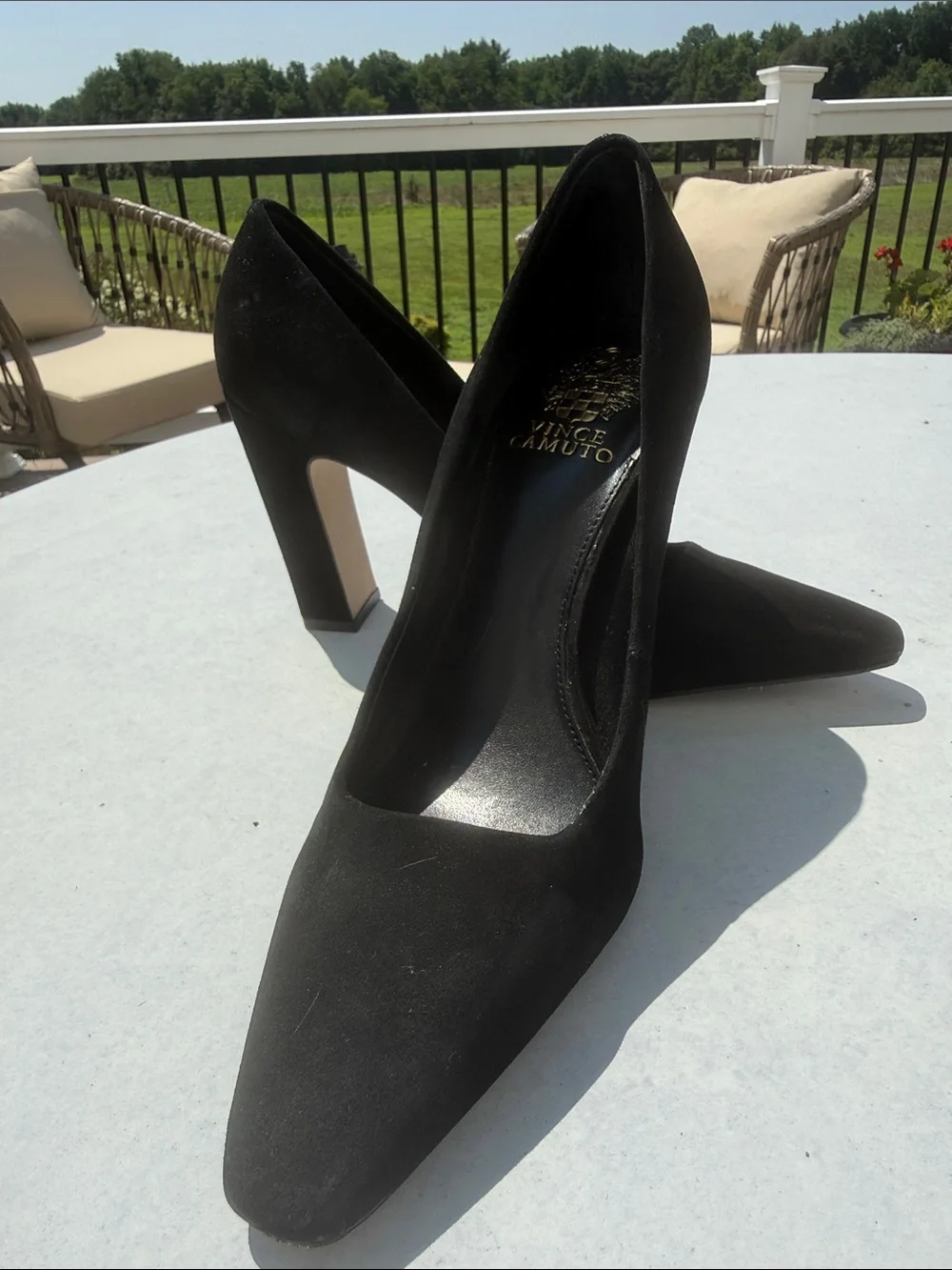 Vince Camuto Black Suede Pointed-Toe Block Heel Pumps